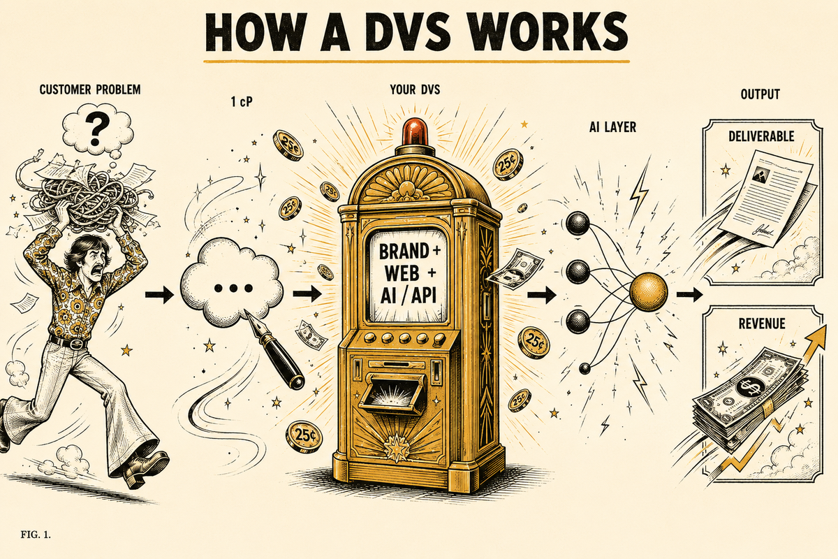HOW A DVS WORKS — Customer Problem → Your DVS (Brand Site + AI) → Stripe Checkout → Deliverable + Revenue → Happy Customer
